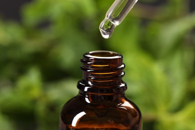 Photo of Dripping essential oil into bottle on blurred background, closeup