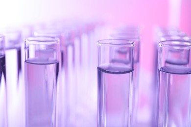 Photo of Many glass test tubes on color background, closeup