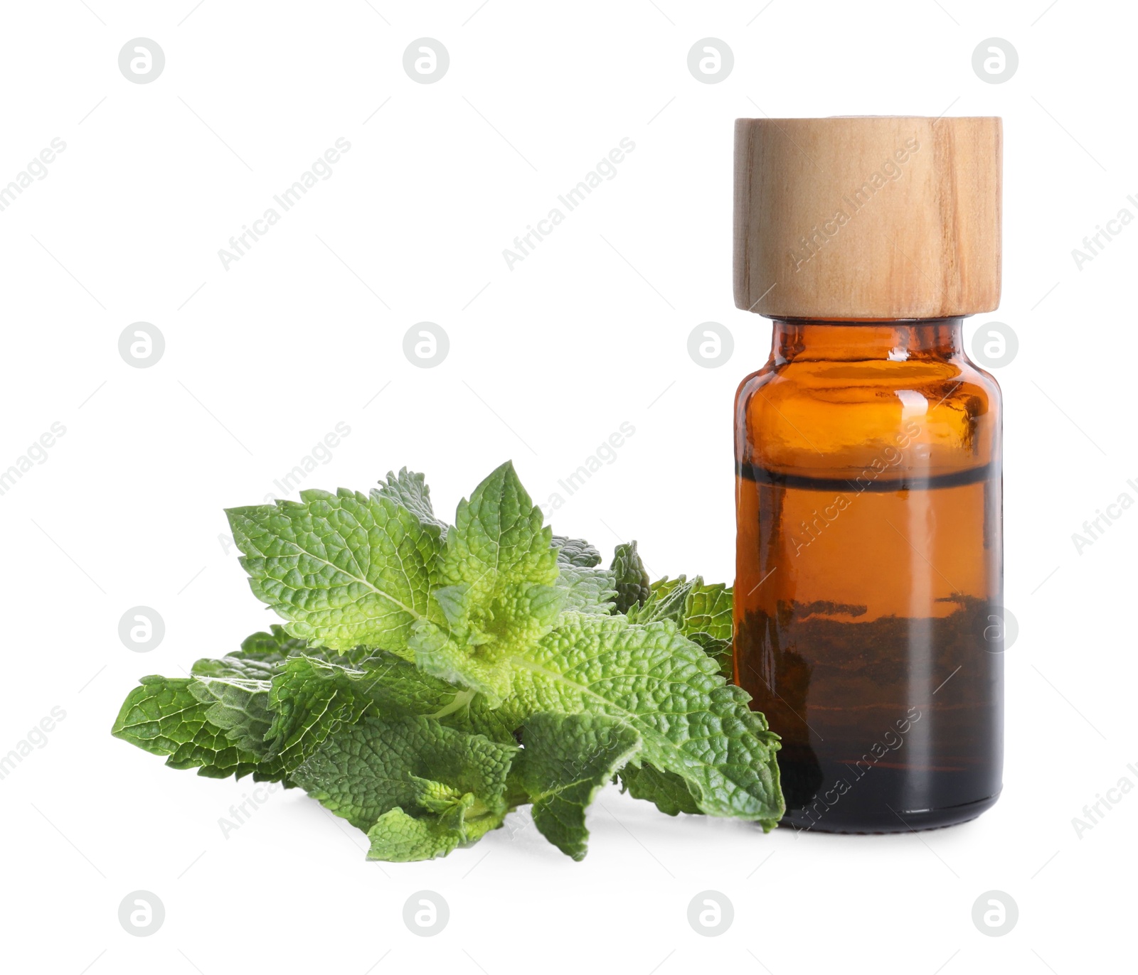 Photo of Bottle of essential oil and mint isolated on white