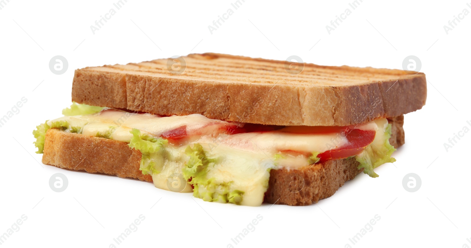 Photo of Tasty toasted bread with melted cheese, tomato and lettuce isolated on white