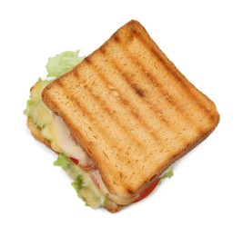 Tasty toasted bread with melted cheese, tomato and lettuce isolated on white, top view