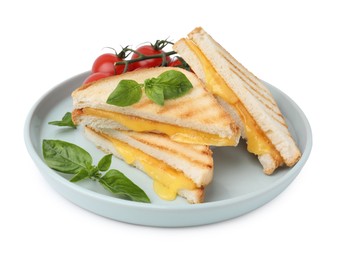 Photo of Pieces of toasted bread with melted cheese, tomatoes and basil isolated on white