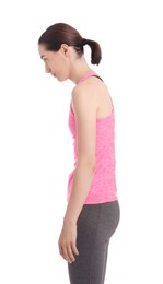 Woman with poor posture wearing sportswear on white background