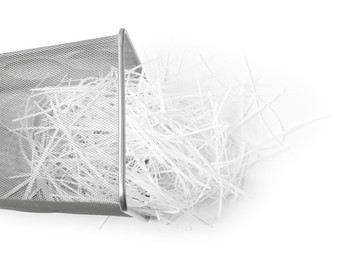 Metal basket and shredded paper isolated on white, top view