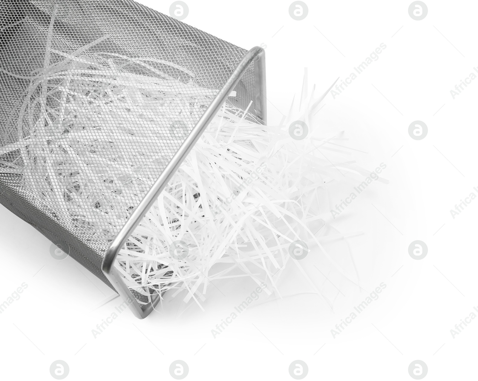 Photo of Metal basket and shredded paper isolated on white, above view