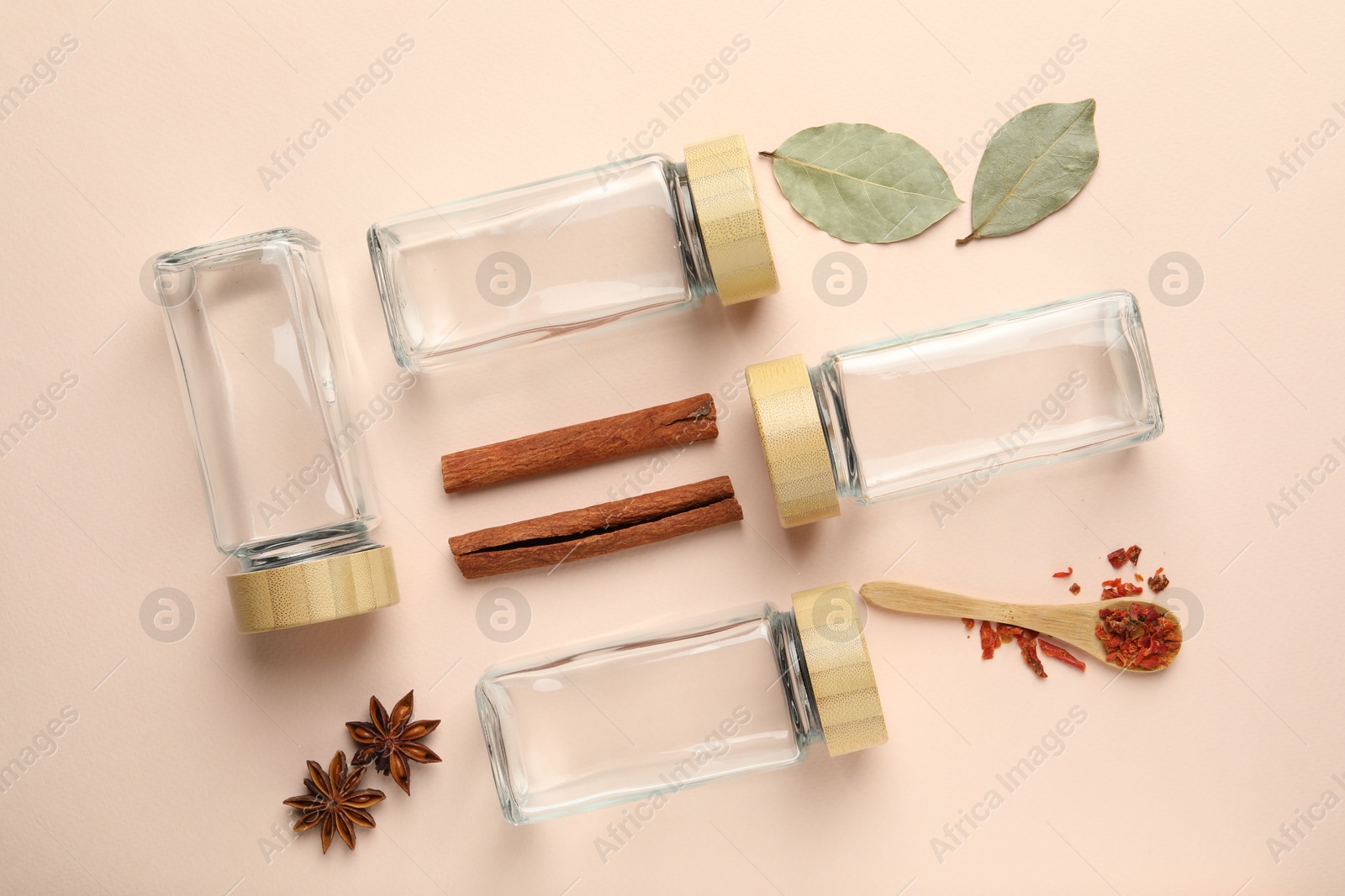 Photo of Different spices and glass jars on beige background, flat lay