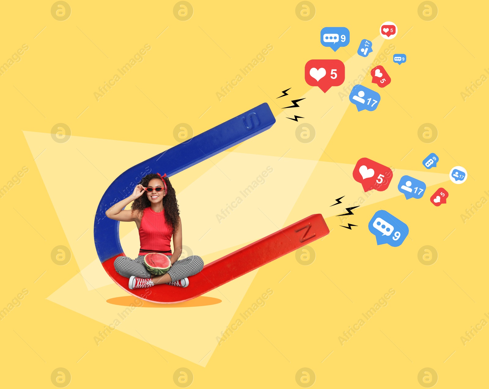 Image of Girl with watermelon sitting on big magnet against yellow background. Followers, likes and comments attracted by magnet. Creative collage