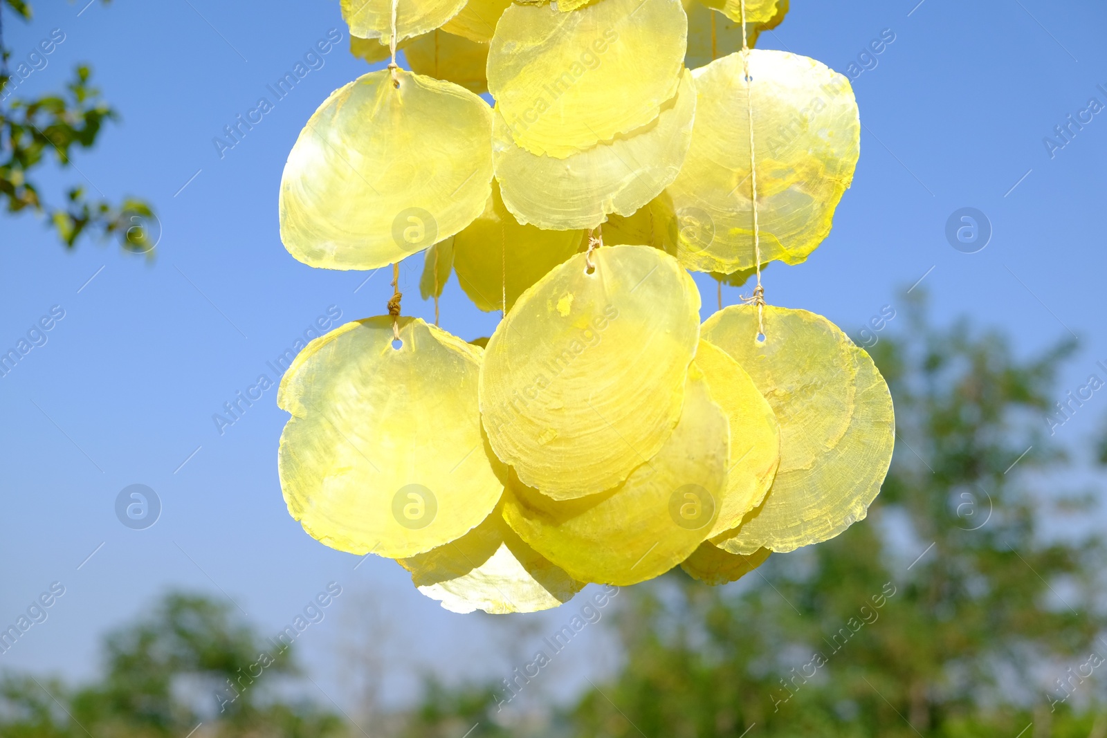 Photo of Beautiful wind chimes against blue sky, closeup