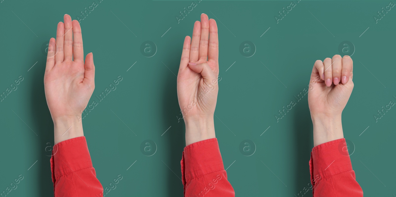 Image of Signal for help. Woman gesturing on teal background, collage