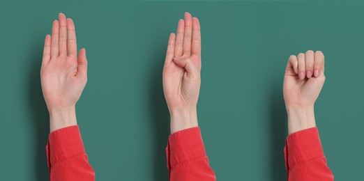 Image of Signal for help. Woman gesturing on teal background, collage