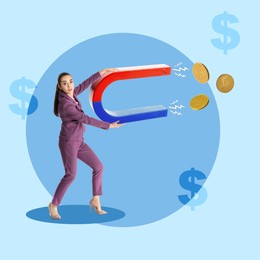 Image of Businesswoman pulling coins with magnet on light blue background. Creative collage