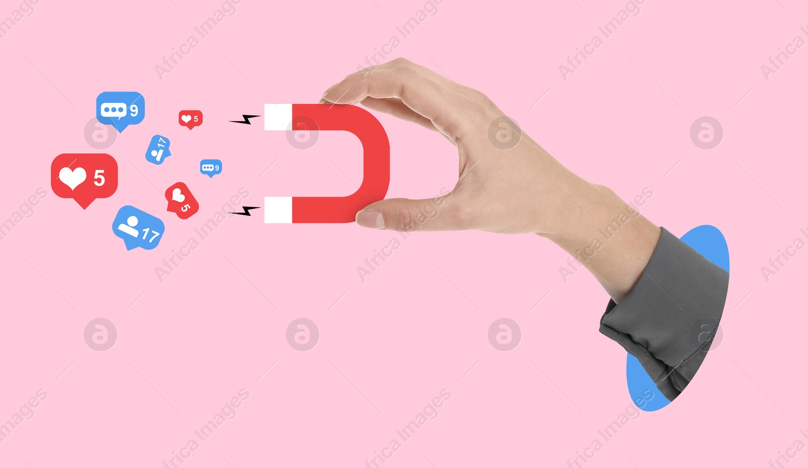 Image of Woman attracting followers, likes and comments with magnet on pink background, banner design