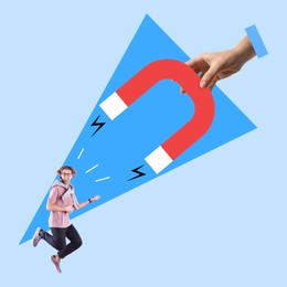 Image of Woman attracting man with magnet on light blue background. Creative collage