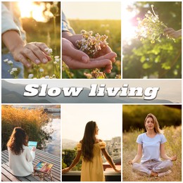 Image of Slow living. Collage with photos of spending time in nature