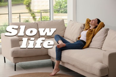 Image of Young woman resting at home. Slow life