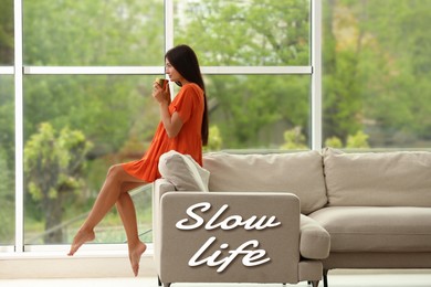 Image of Young woman resting at home. Slow life