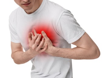 Image of Man suffering from pain in chest on white background, closeup. Heart disease