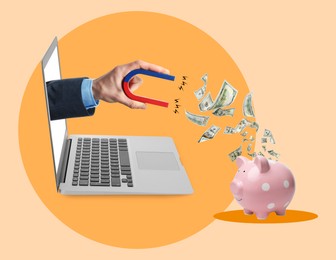 Man's hand sticking from laptop pulling dollars with magnet out of piggy bank on orange background. Creative collage