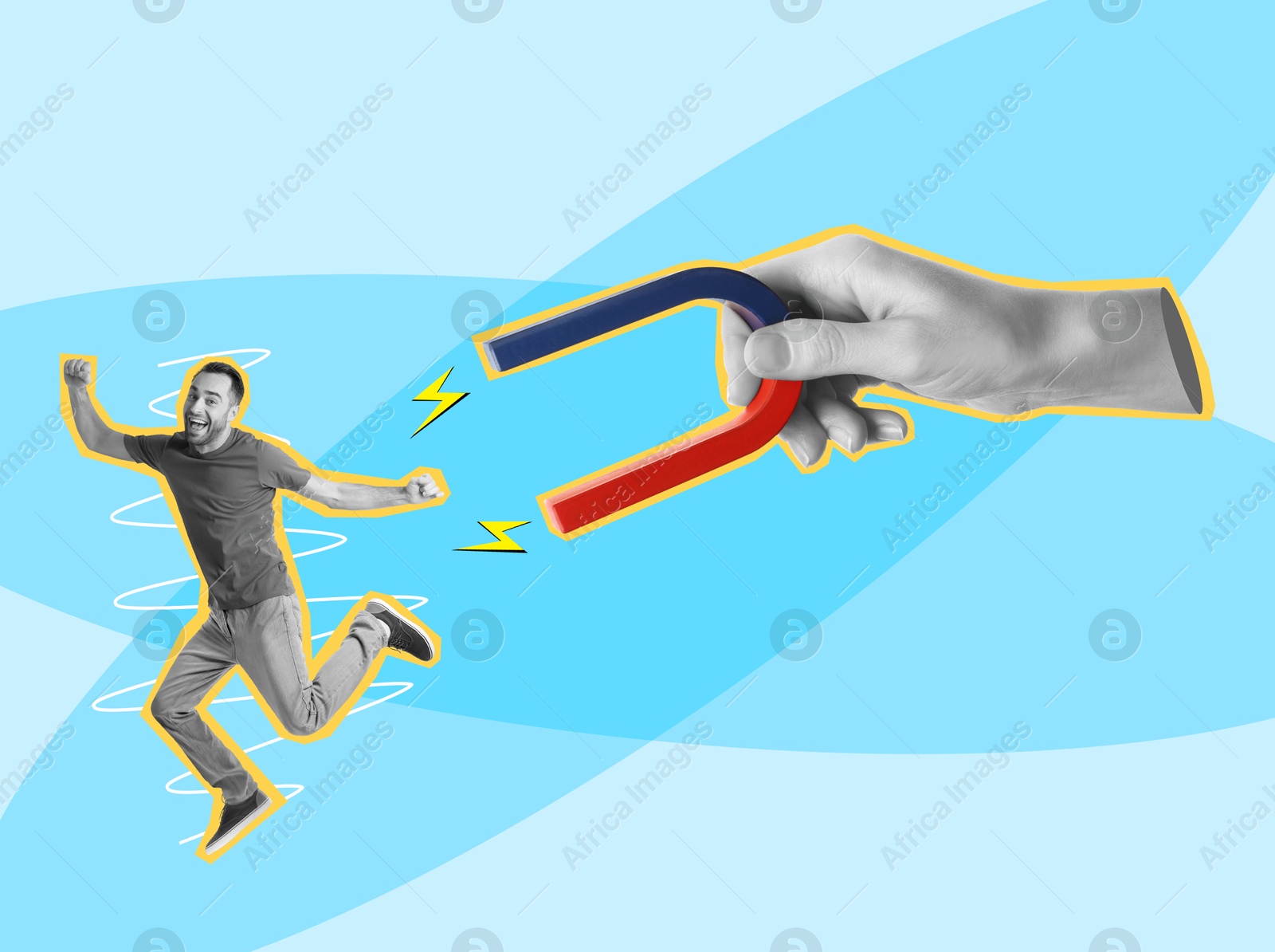 Image of Woman attracting man with magnet on light blue background. Creative collage