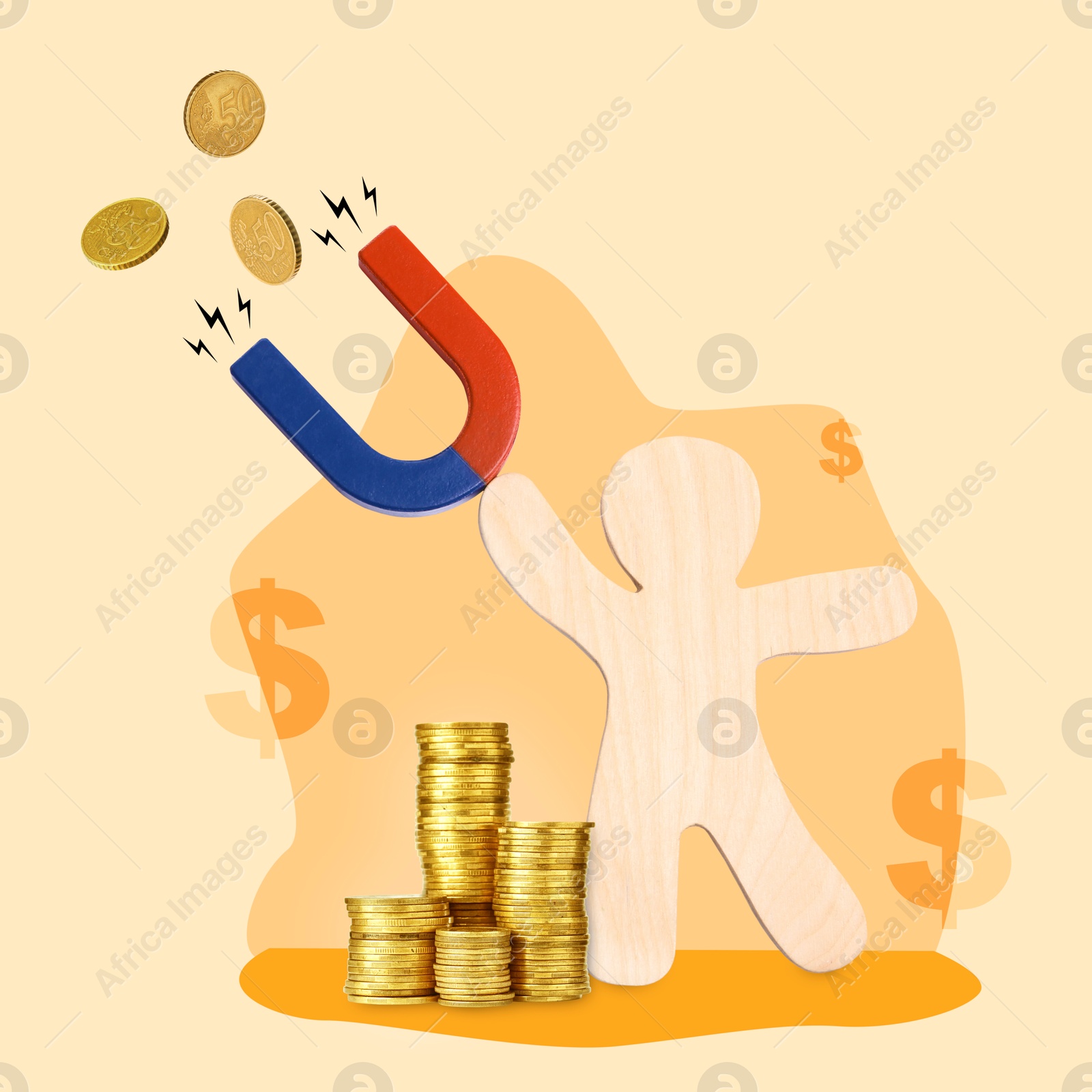 Image of Wooden human figure attracting coins with magnet on color background. Creative collage