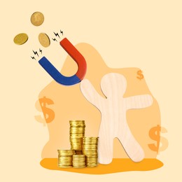 Wooden human figure attracting coins with magnet on color background. Creative collage