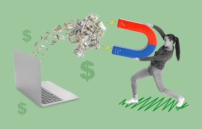 Image of Woman pulling dollars out of laptop with magnet on green background. Creative collage