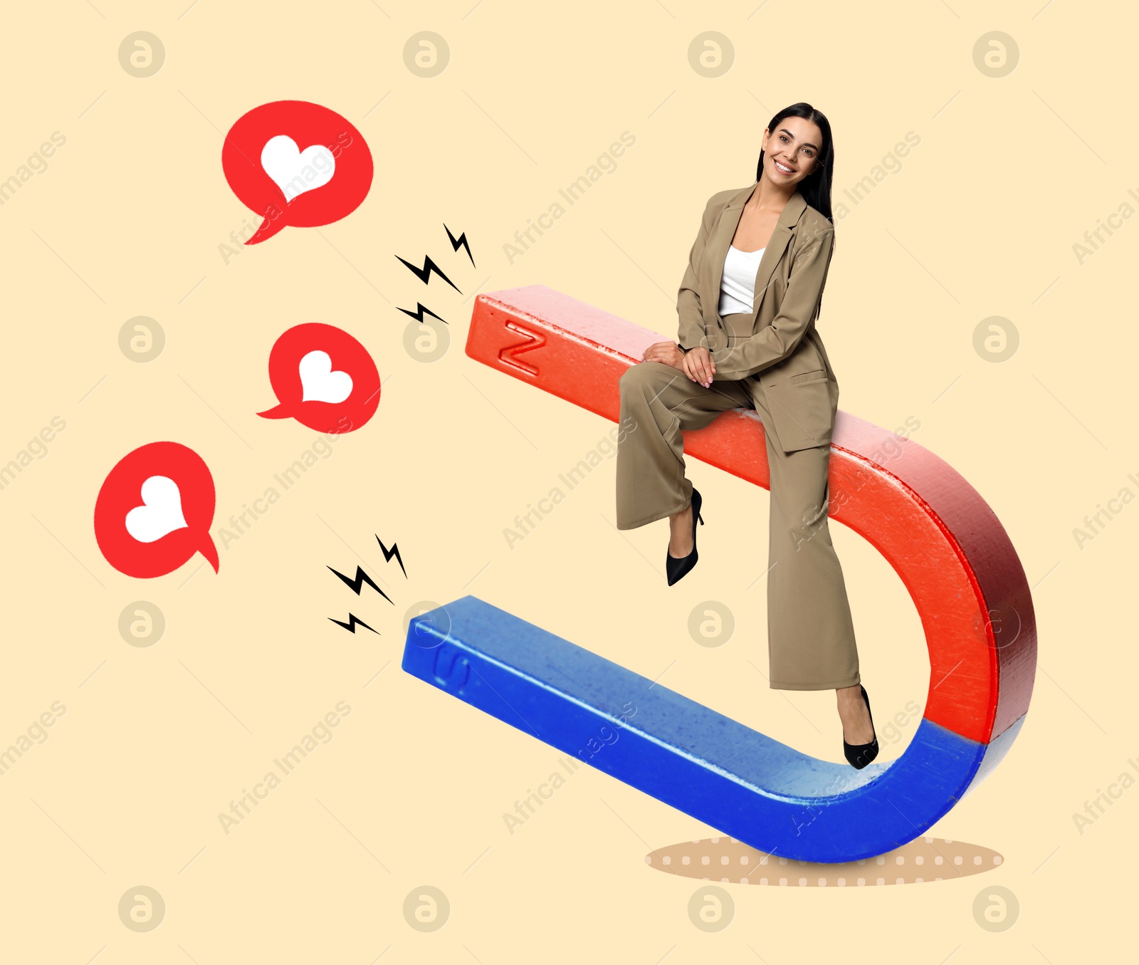 Image of Woman sitting on big magnet against beige background. Speech bubbles with heart attracted by magnet. Creative collage