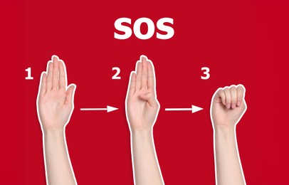 Image of Signal for help. Woman showing sequence of gesture on red background, collage