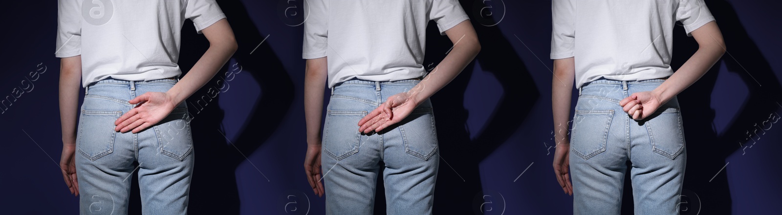 Image of Signal for help. Woman gesturing on dark blue background, collage