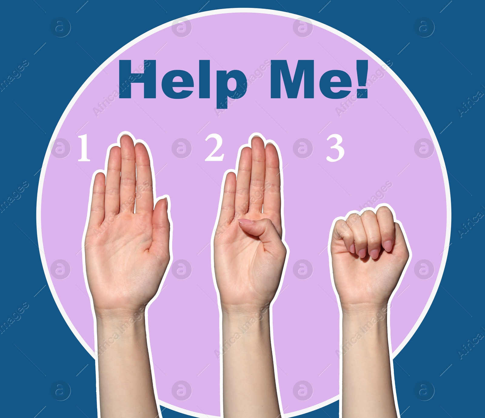 Image of Signal for help. Woman showing sequence of gesture on color background, collage