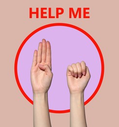 Signal for help. Woman gesturing on color background, collage