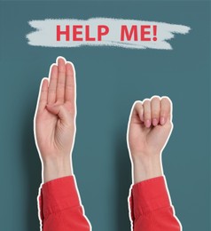 Image of Signal for help. Woman gesturing on color background, collage