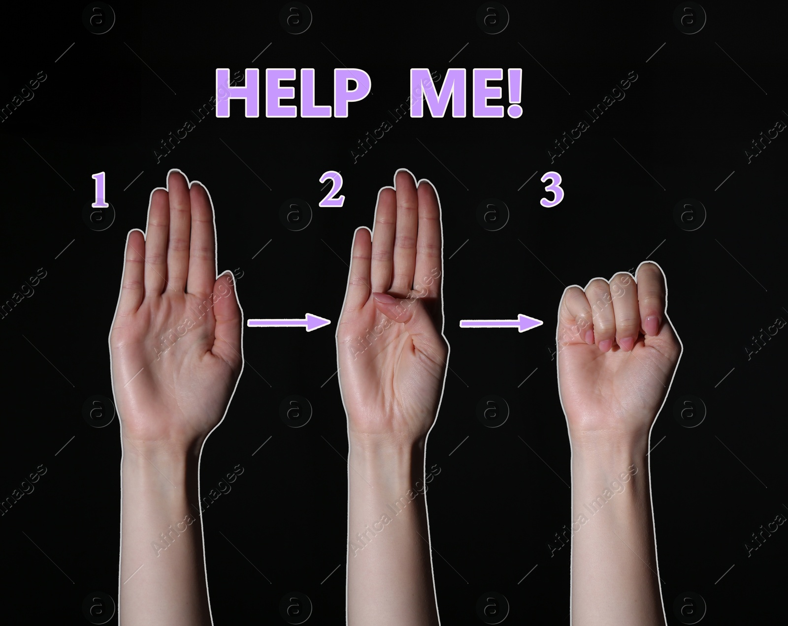 Image of Signal for help. Woman showing sequence of gesture on black background, collage