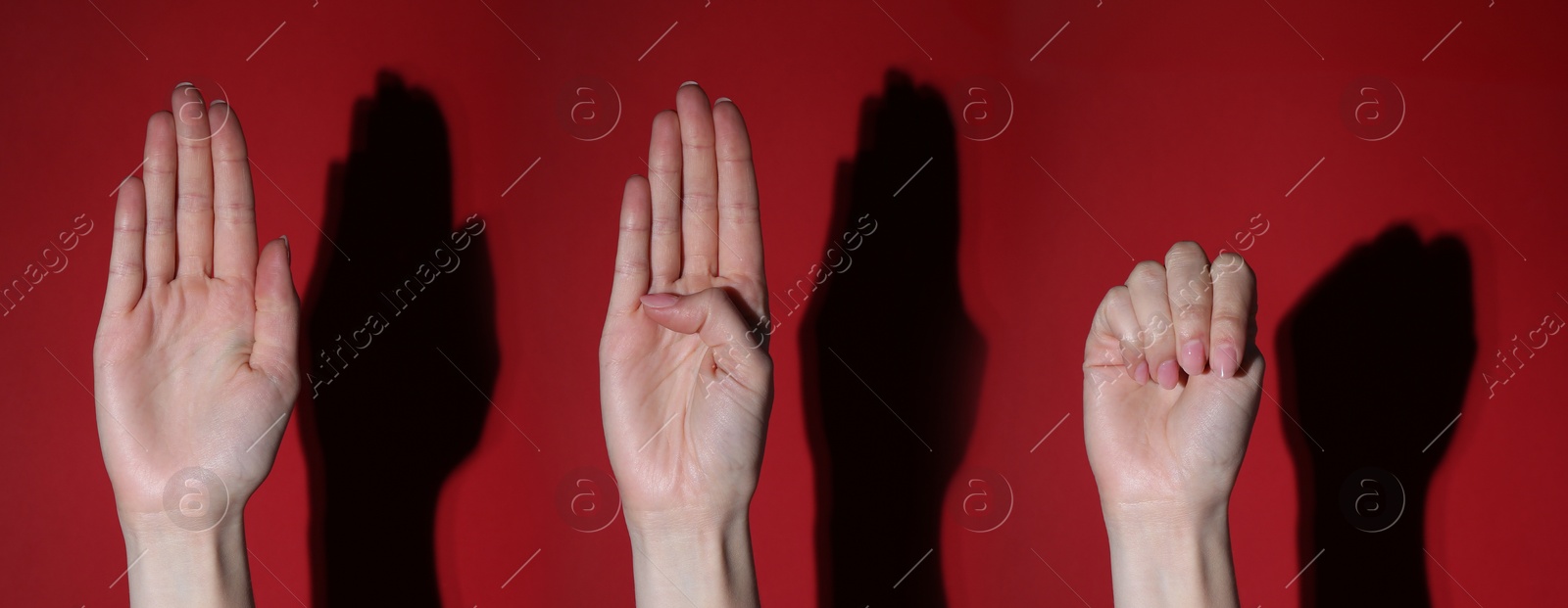 Image of Signal for help. Woman gesturing on red background, collage