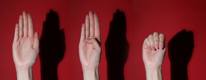 Image of Signal for help. Woman gesturing on red background, collage