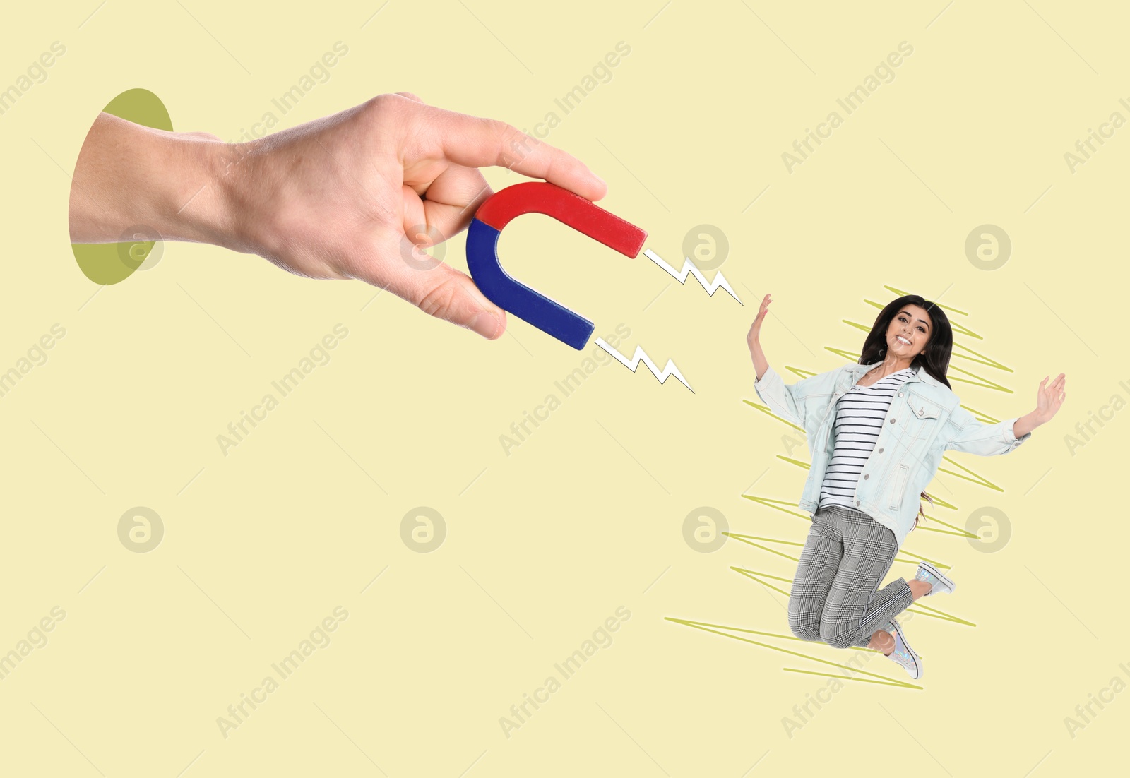 Image of Man attracting woman with magnet on beige background. Creative collage