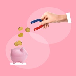 Image of Woman pulling coins from piggy bank with magnet on pink background. Creative collage