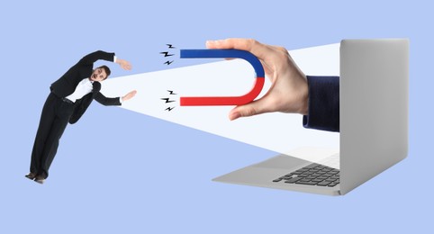 Image of Woman's hand sticking from laptop pulling man with magnet on color background. Banner design