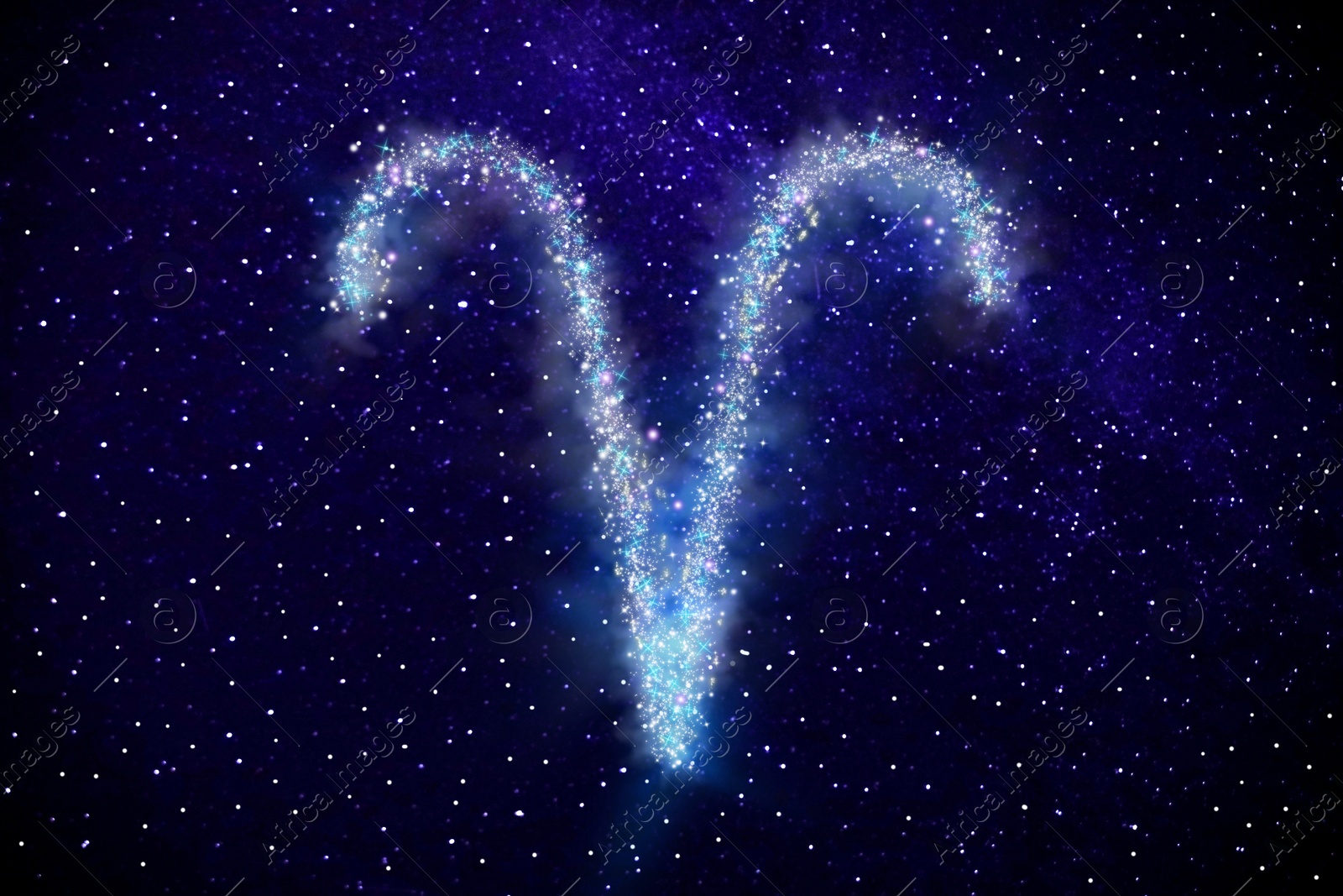 Image of Aries zodiac sign made of stars on night sky