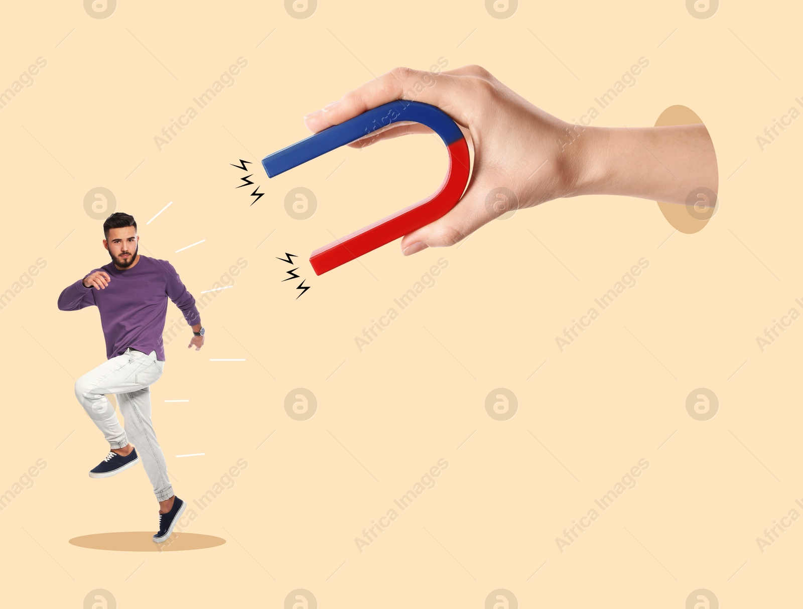 Image of Woman attracting man with magnet on beige background. Creative collage