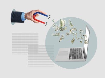 Image of Man pulling dollars out of laptop l with magnet on color background. Creative collage