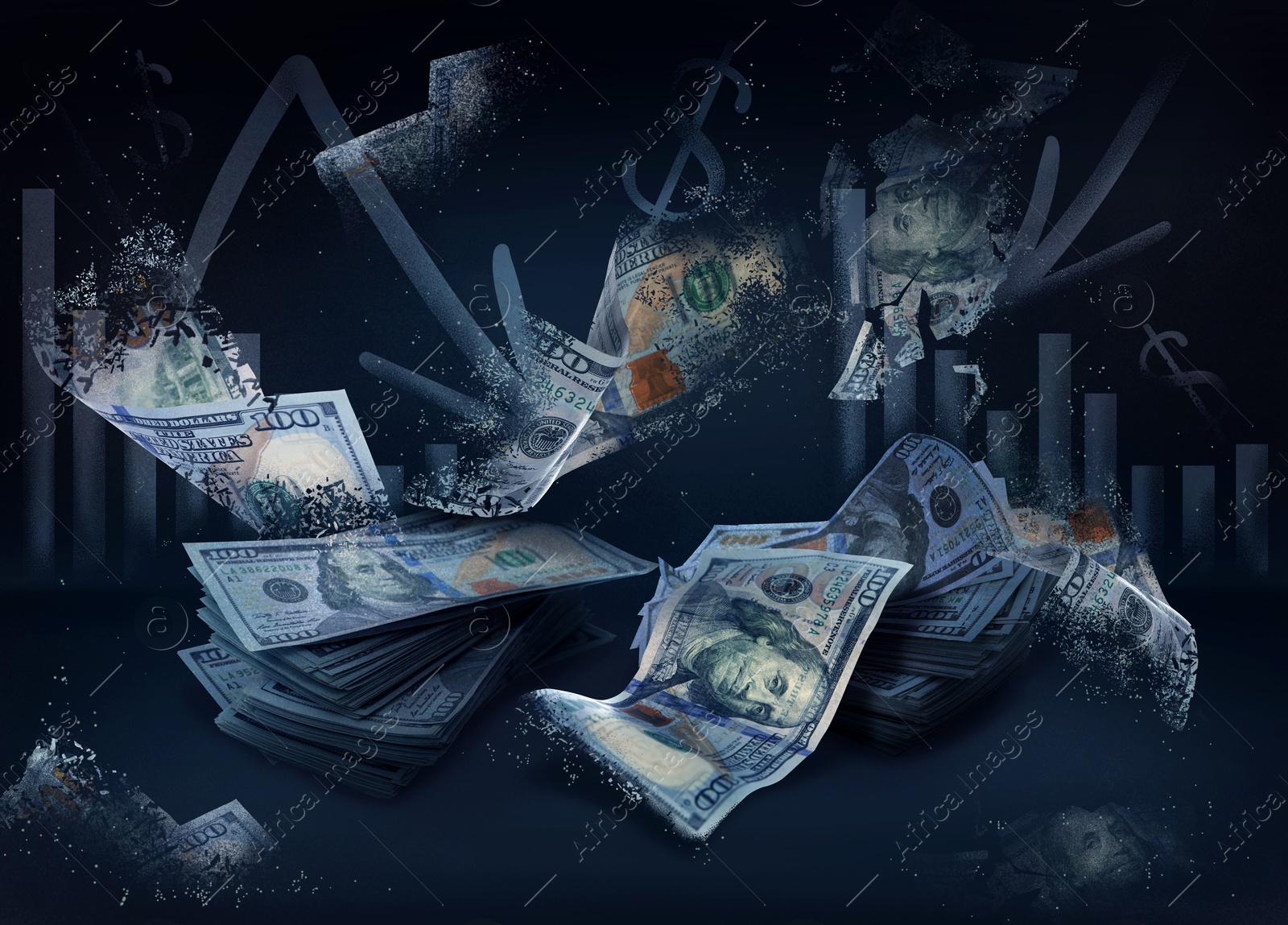 Image of Money vanishing, graphs and dollar signs on dark background. Financial crisis