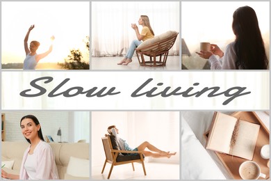 Image of Slow living. Collage with photos of spending time at home