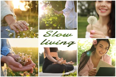 Slow living. Collage with photos of spending time in nature