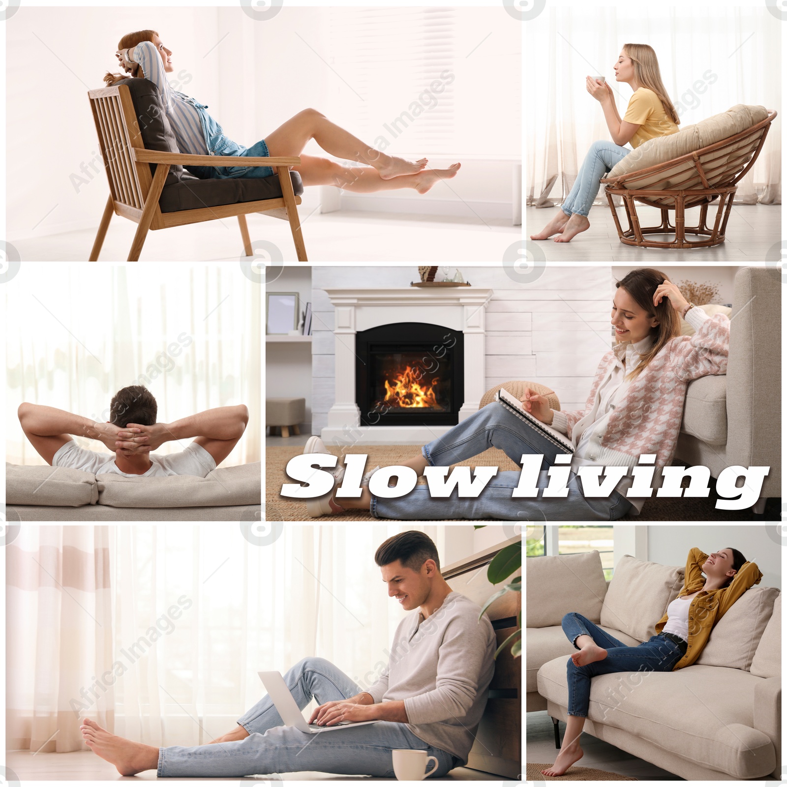 Image of Slow living. Collage with photos of spending time at home