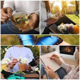 Image of Collage with photos of spending time in nature. Slow living
