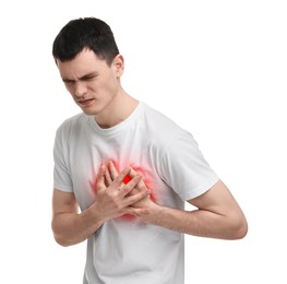 Image of Man suffering from pain in chest on white background. Heart disease