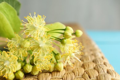 Photo of Fresh linden leaves and flowers on wicker mat, closeup