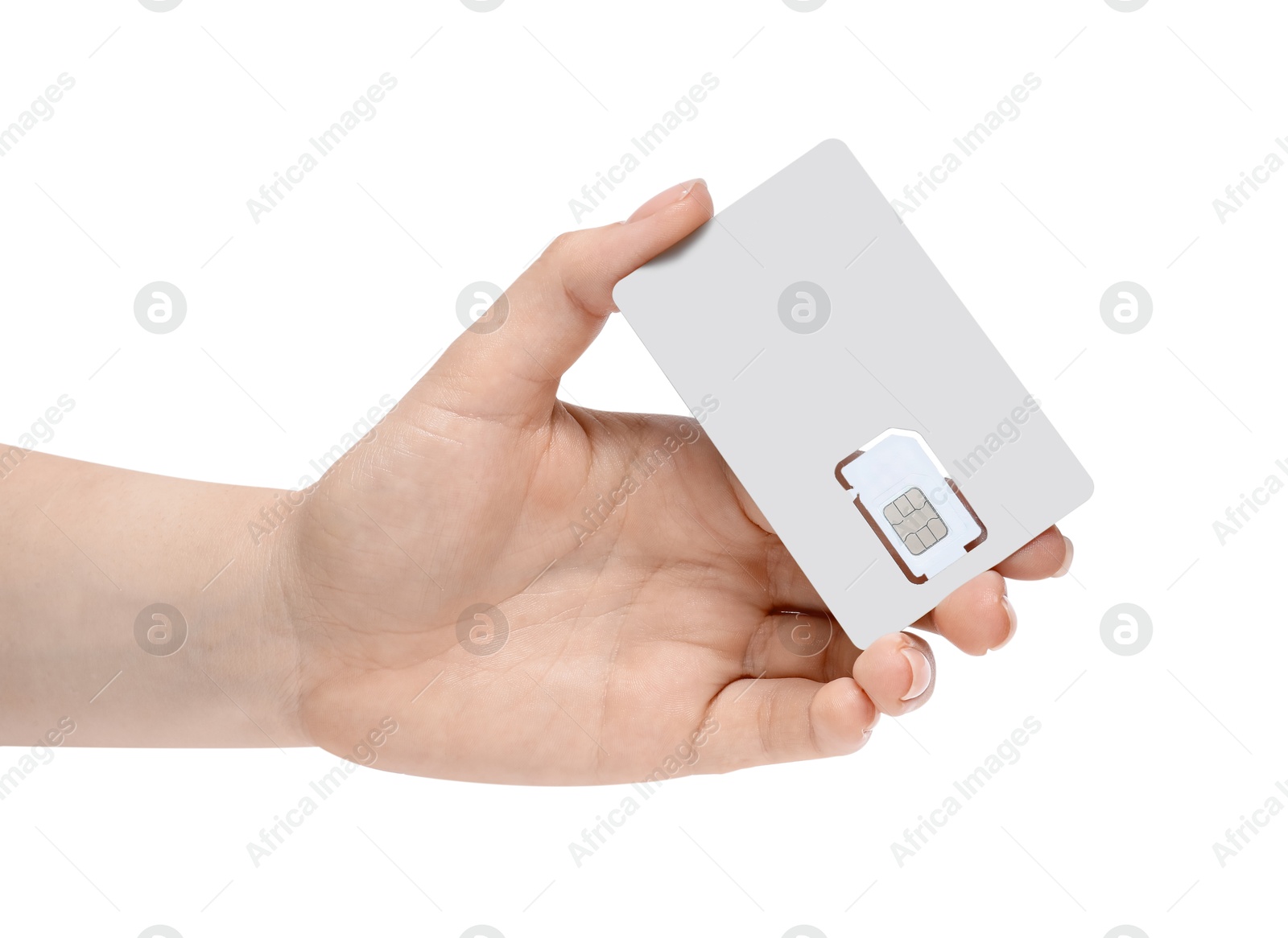 Photo of Woman holding modern SIM card on white background, closeup