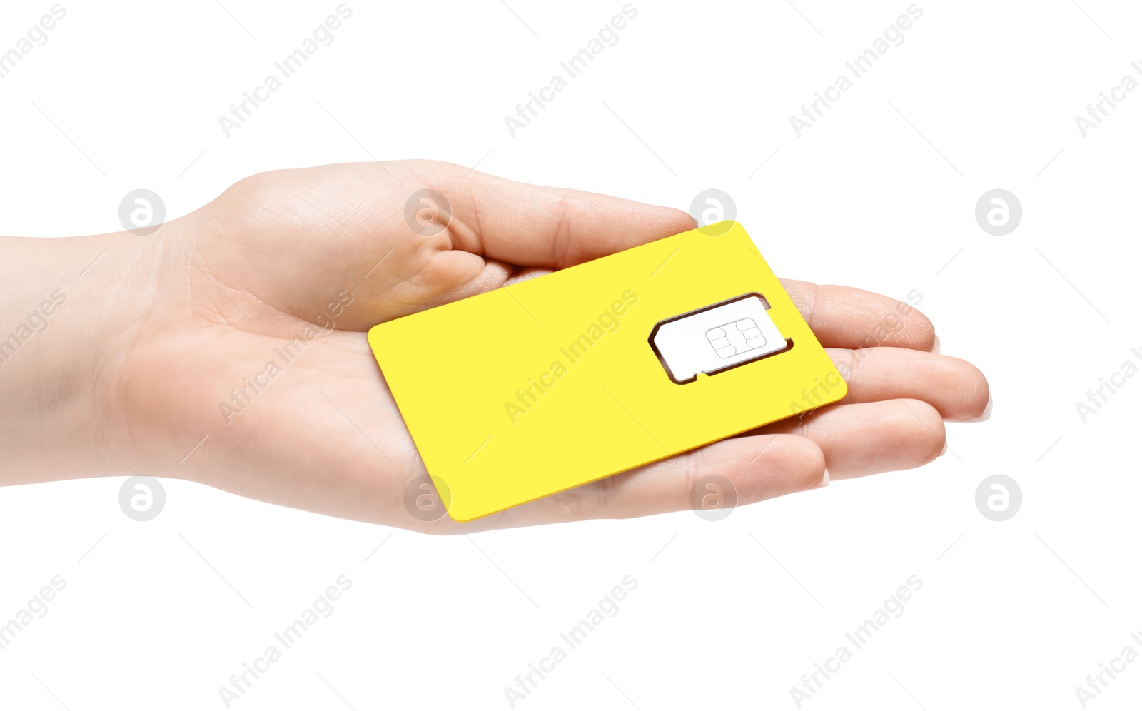 Photo of Woman holding modern SIM card on white background, closeup